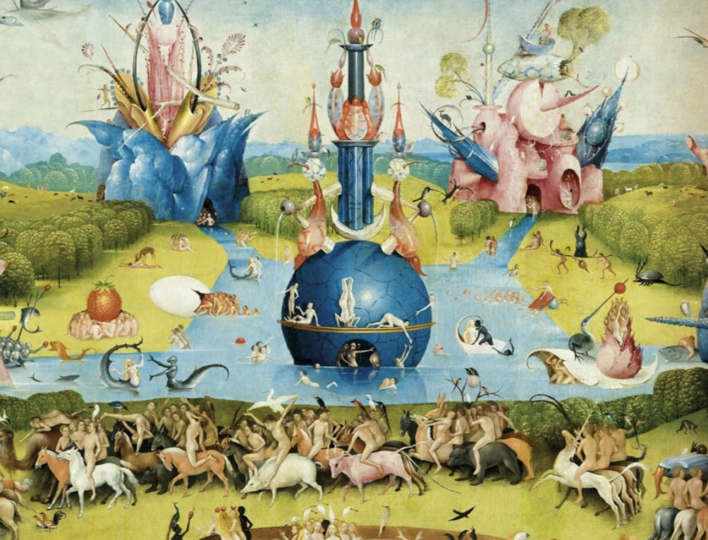 Hieronymus Bosch: A földi gyönyörök kertje (részlet), triptichon, 1490–1500, olaj, fa, 185,8 x 172,5 cm (középső tábla), 185,8 x 76,5 cm (jobb és bal oldali tábla), Madrid, Museo Nacional del Prado Forrás: Wikimedia Commons